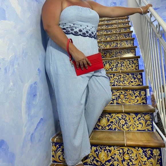 Jessica Simpson strapless blue stripe jumpsuit - Picture 7 of 10